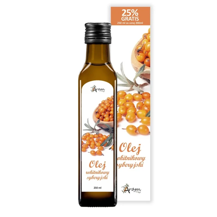 Olej rokitnikowy syberyjski 250ml AramNatura w butelce z opakowaniem